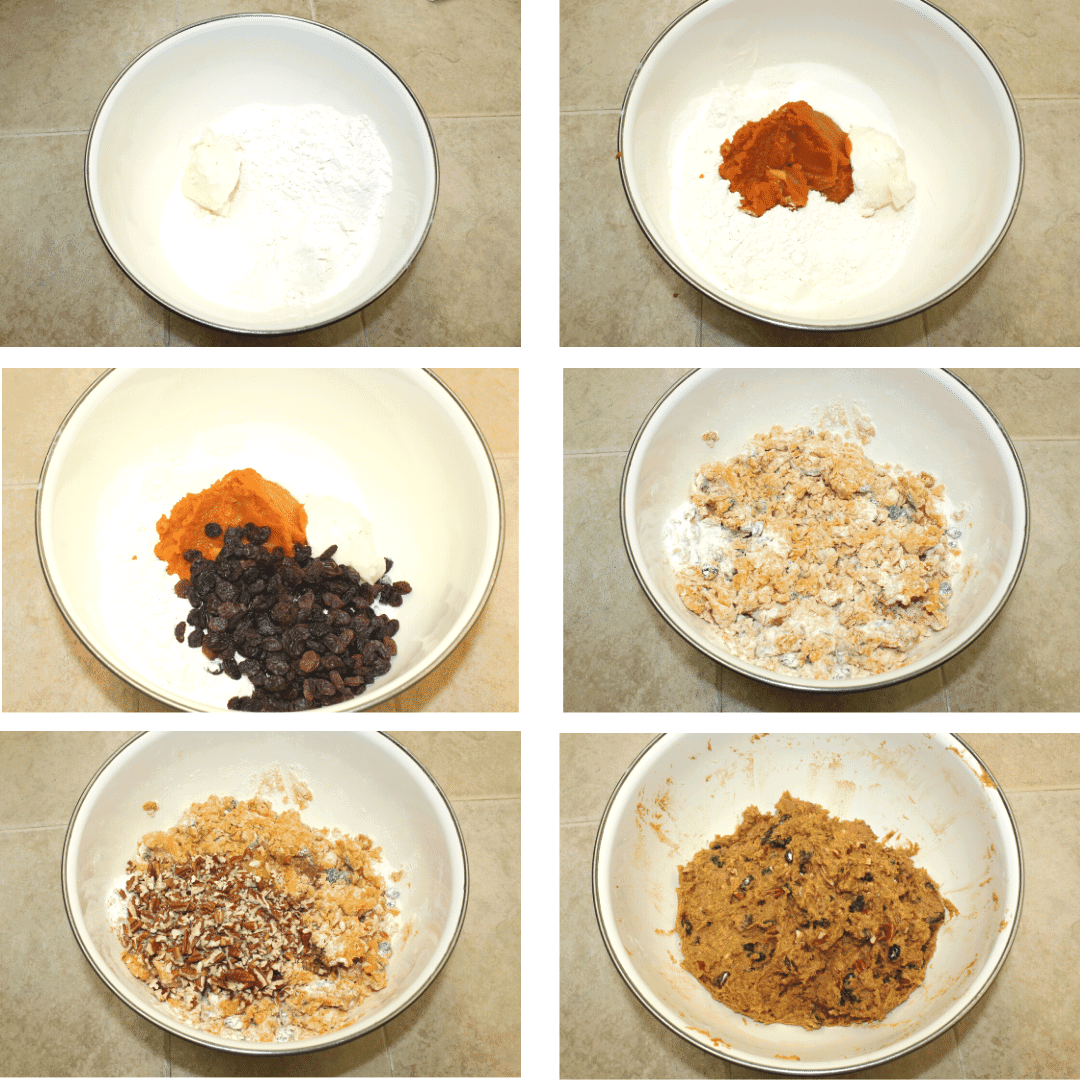 collage of steps to make pumpkin, walnut and raisin muffins