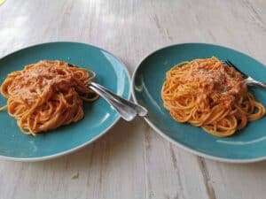pumpkin spaghetti sauce served on plates