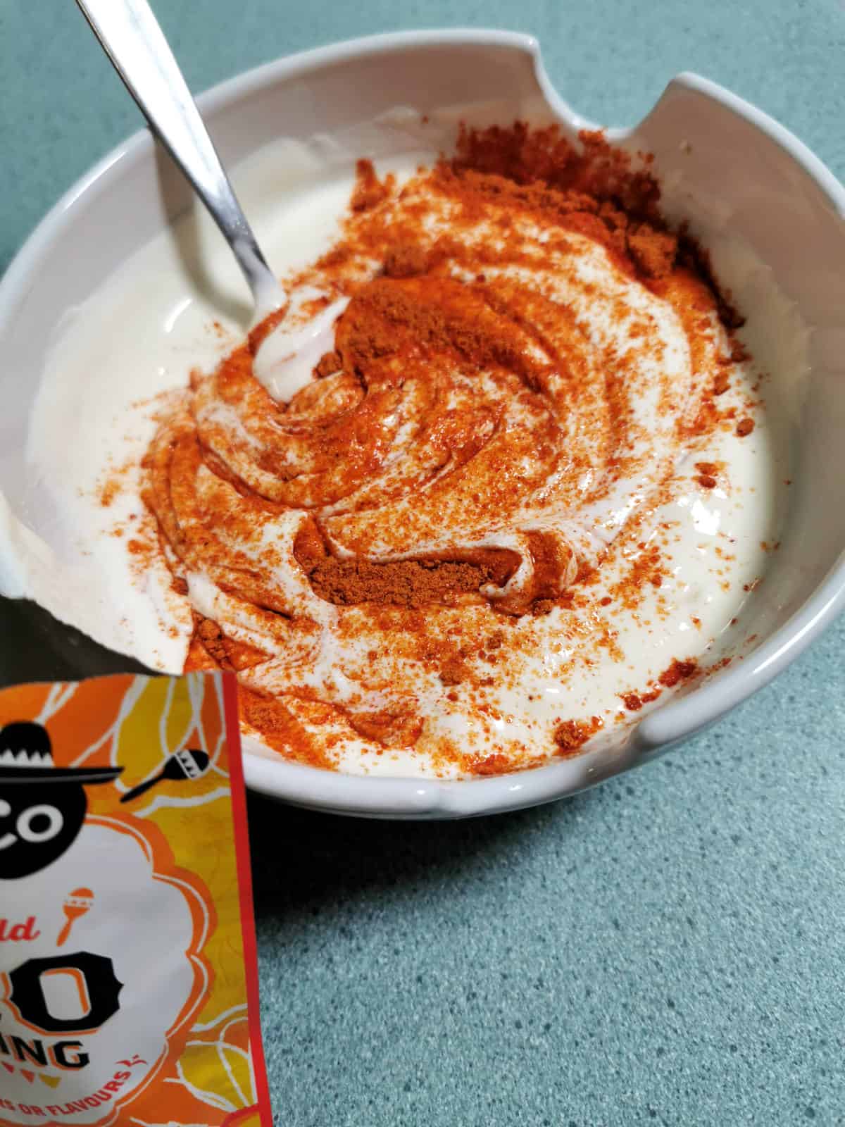 Mexican taco seasoning in the sour cream and yogurt mixture