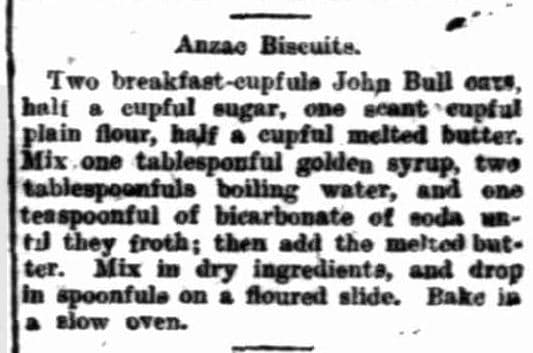 Anzac biscuit recipe without coconut printed in a newspaper in 1926