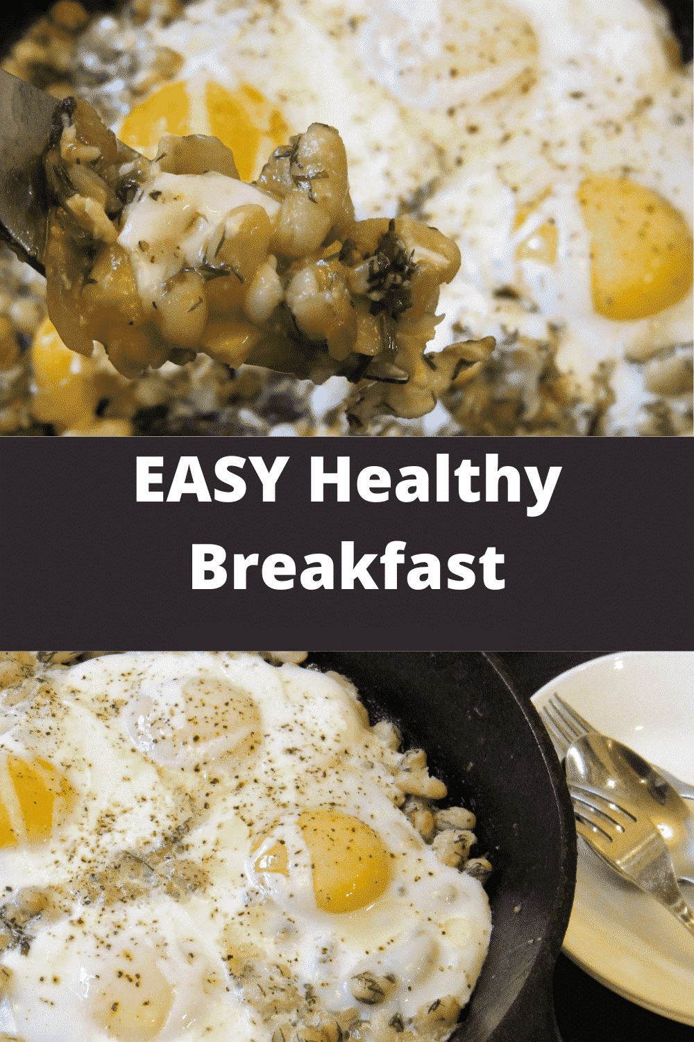 Breakfast made with beans and eggs searved in a cast iron skillet.