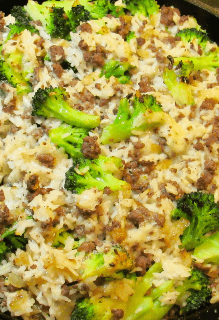 Broccoli cheddar cheese and ground beef casserole with rice ready to serve.