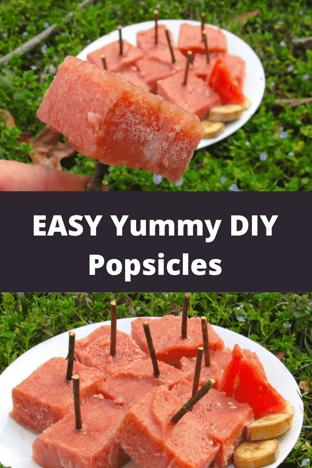 Watermelon banana popsicles is served.