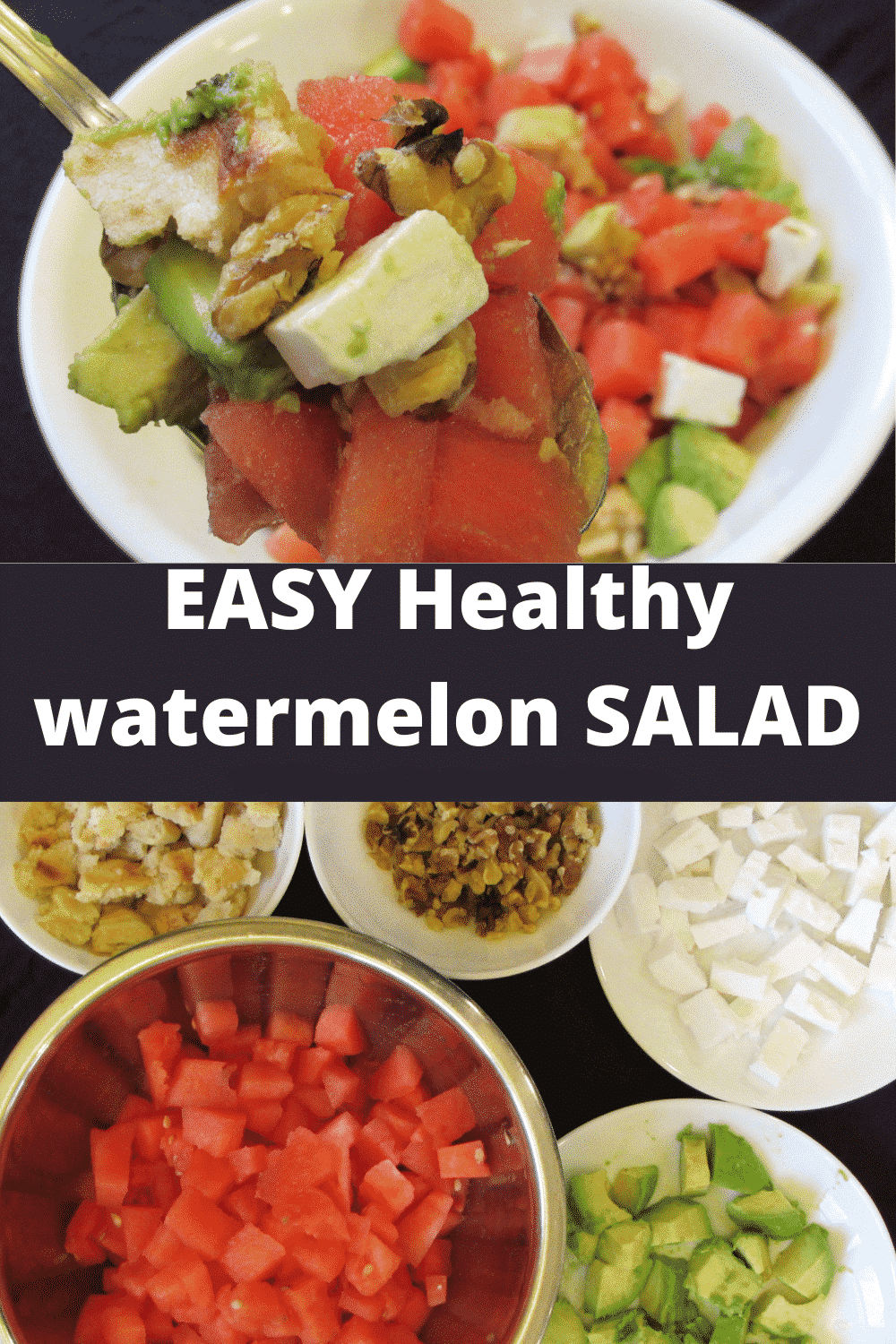 Watermelon feta salad with avocado is served.