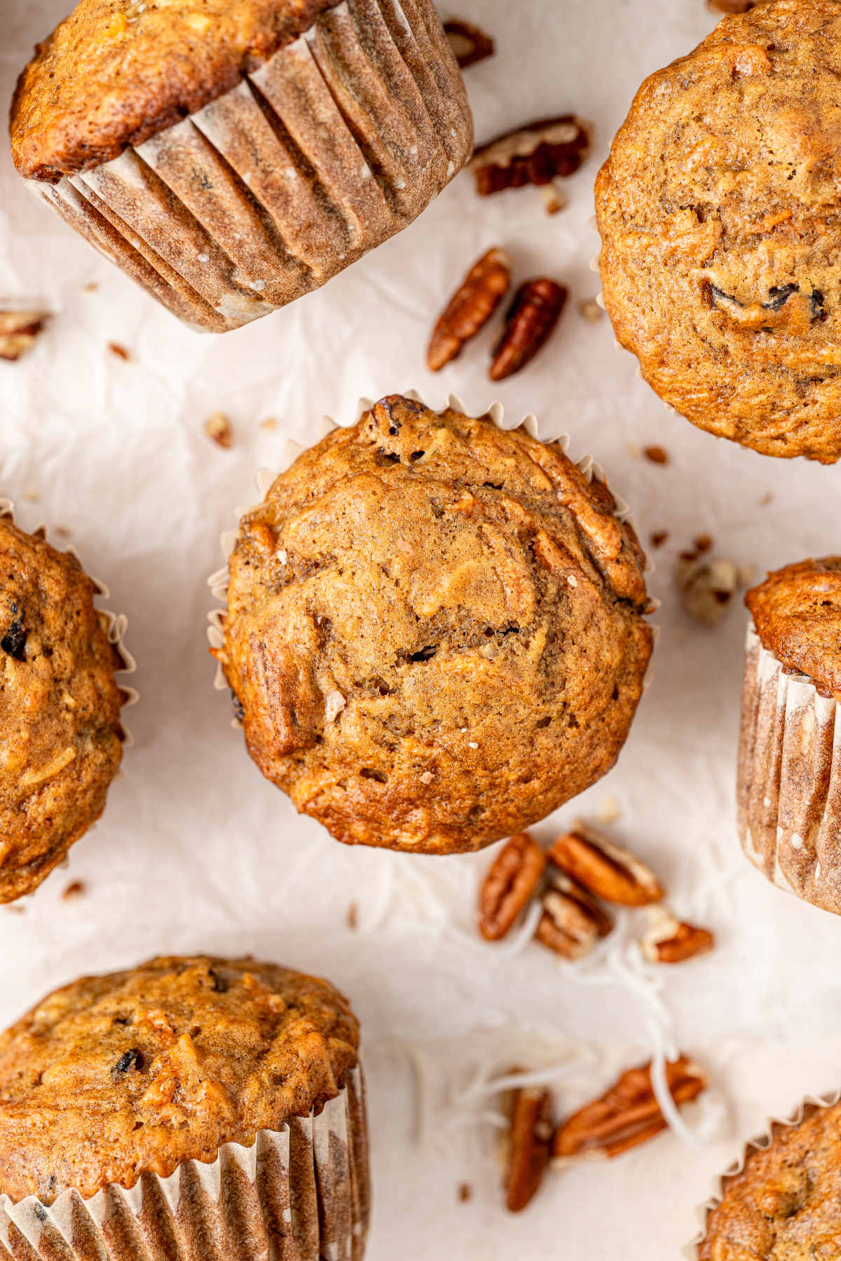 A closer picture from above of our muffins spread out on the counter.