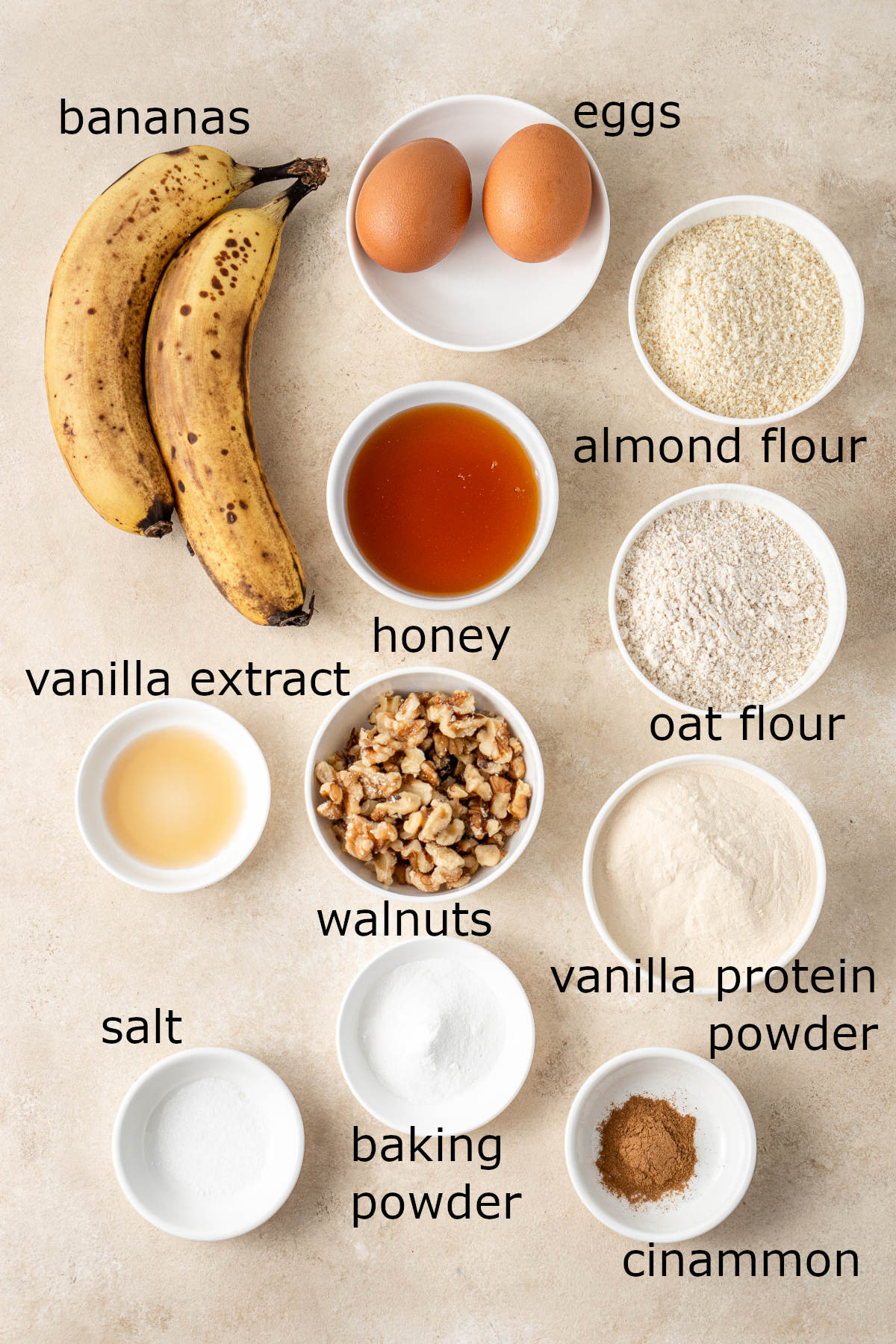 All the ingredients for the muffins laid out on a kitchen counter and labelled.