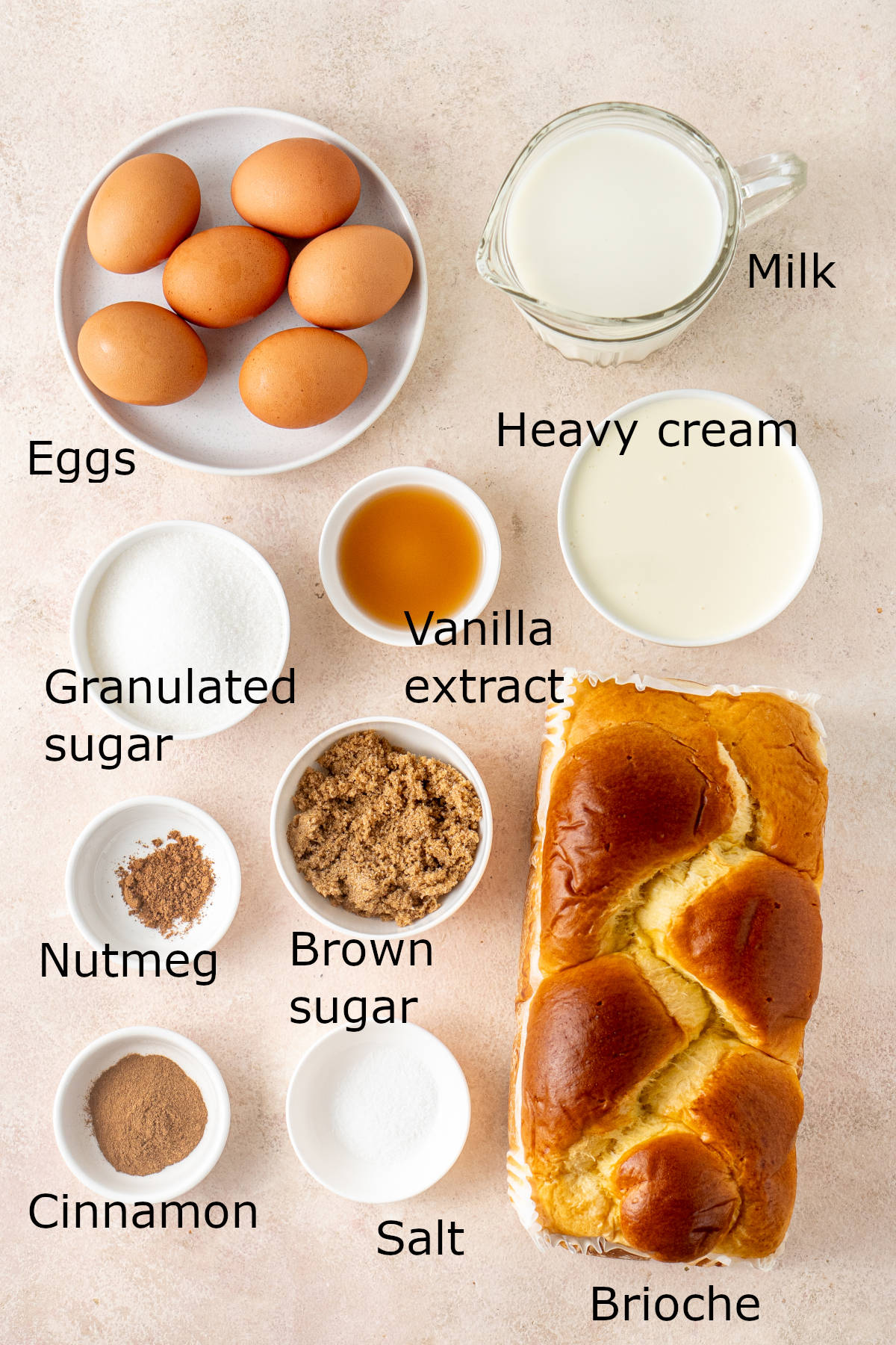 Each ingredient for the recipe laid out on a kitchen countertop and labelled.