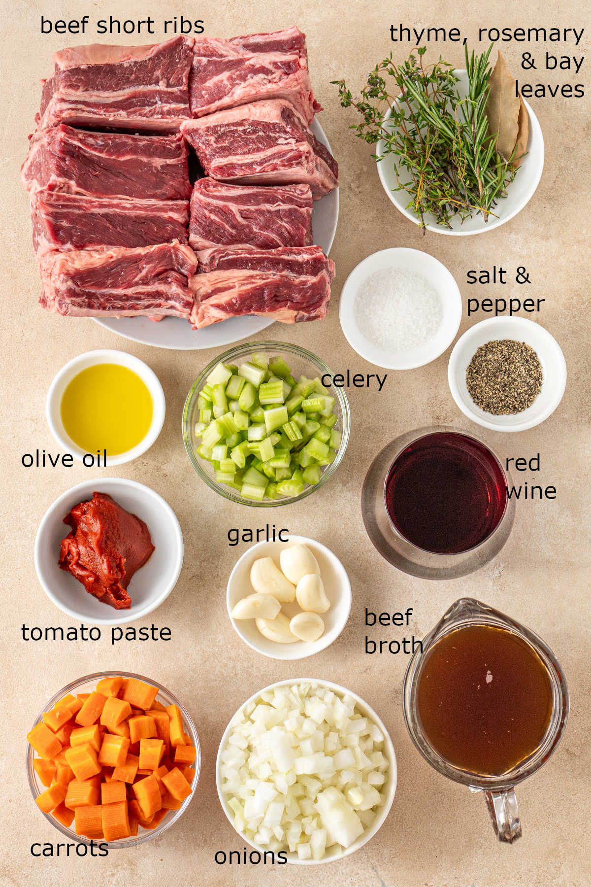 The ingredients for our beef, laid out on a kitchen counter and labelled.